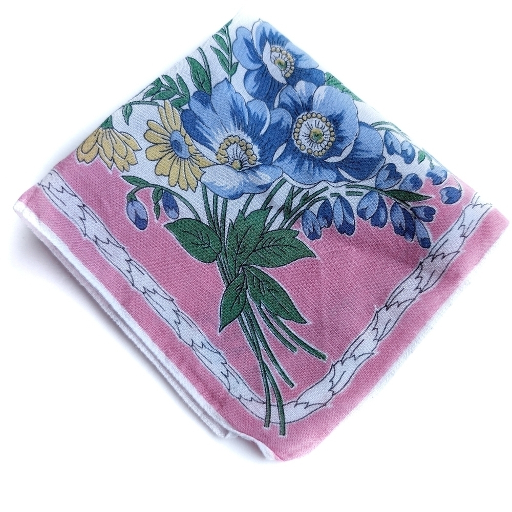 HANKERCHIEF Floral Vintage Square Colorful Flower Print Pink Blue Yellow White